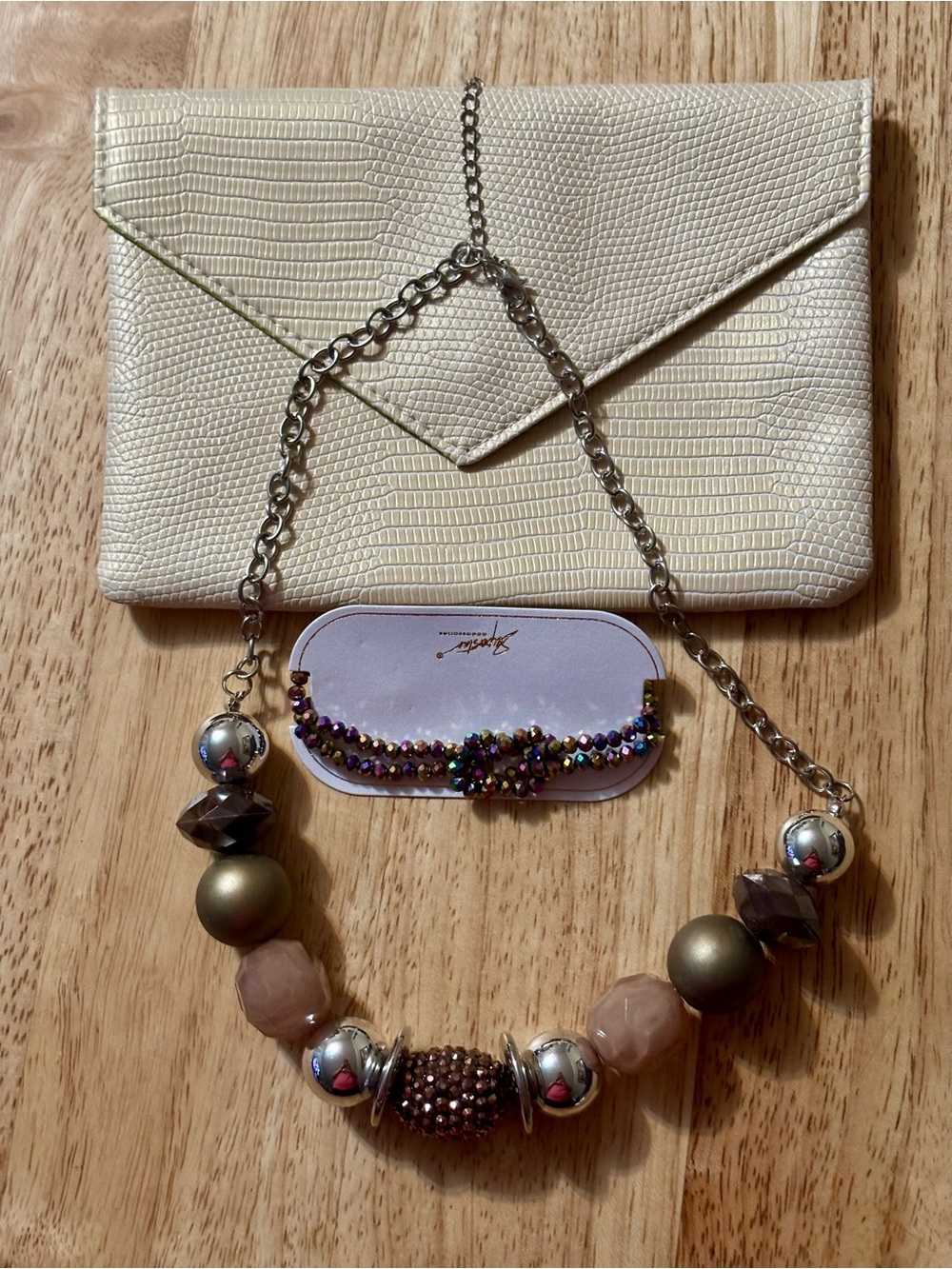 ipsy Lime Interior Clutch with Cream Exterior and Multicolor Beaded Necklace
